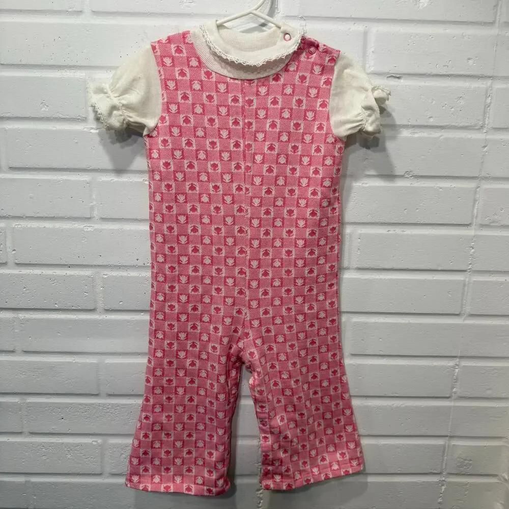 Vintage 70s Carters Jumpsuit Pink Patterned White Collar Toddler Girl Sz‎ 24 Mos